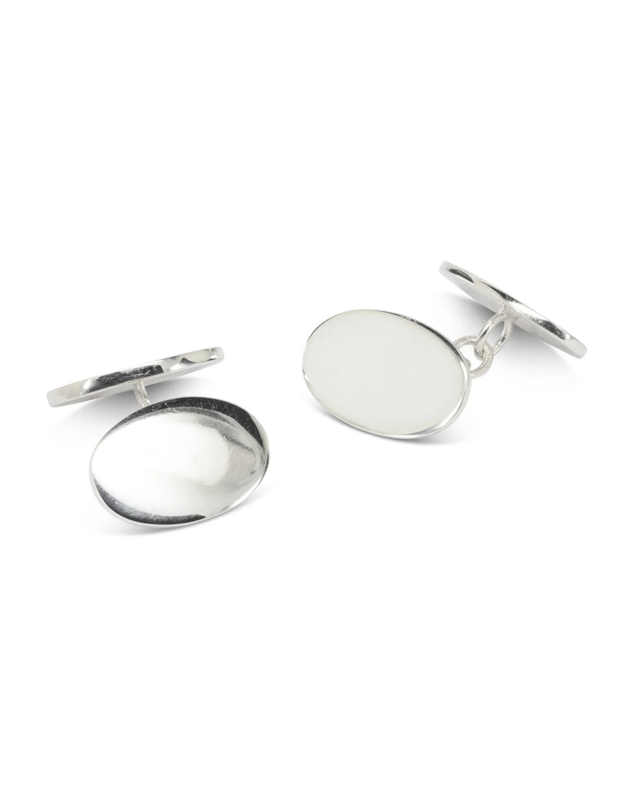 Polished silver oval cufflinks with a chain link connector on a plain white background.