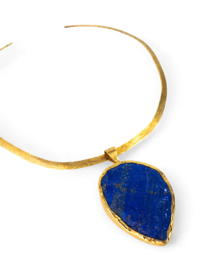 Handmade gold neck torc with organic lapis lazuli pendant, luxury artisan jewellery