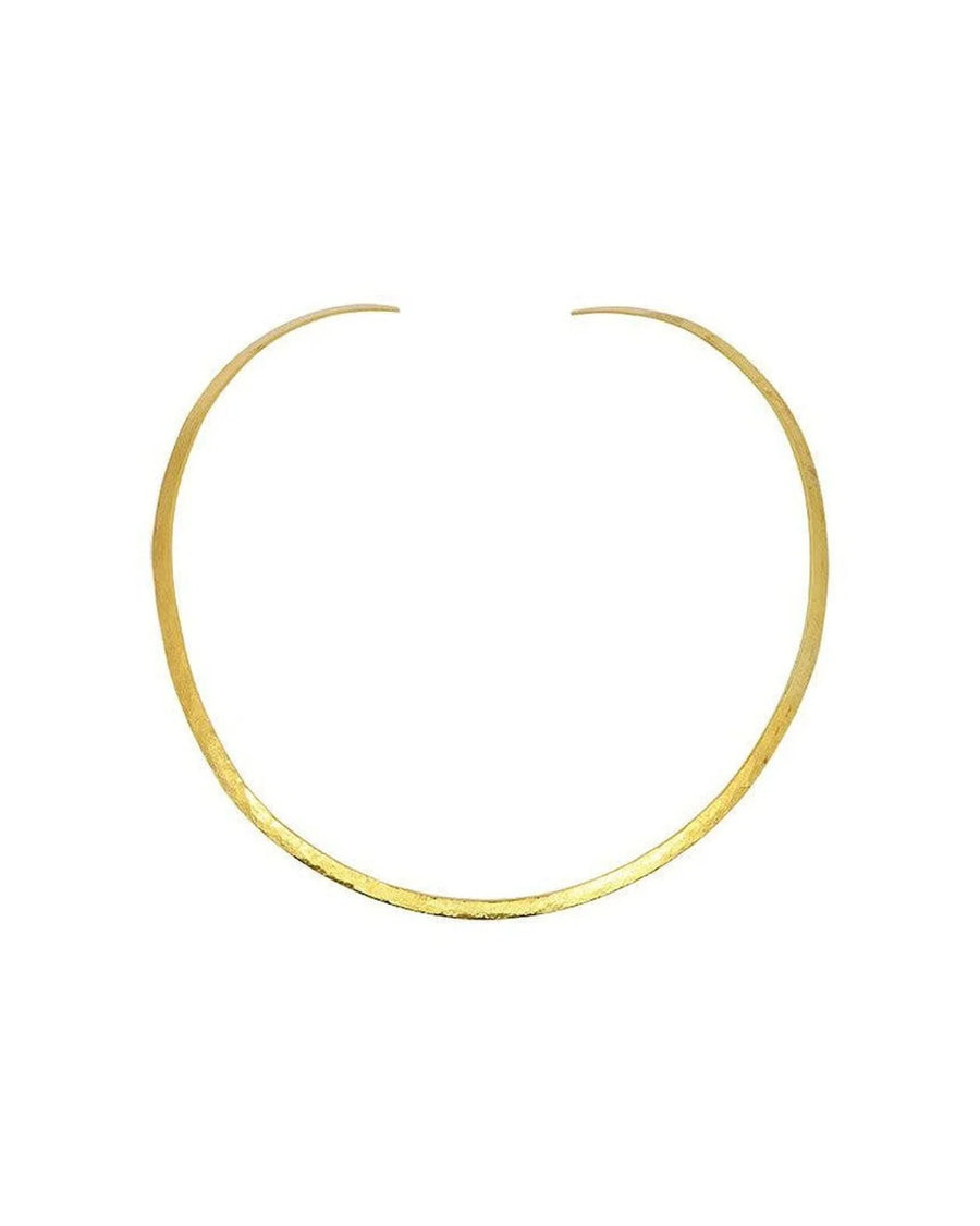 Handmade yellow gold neck torc with organic, textured finish on a white background