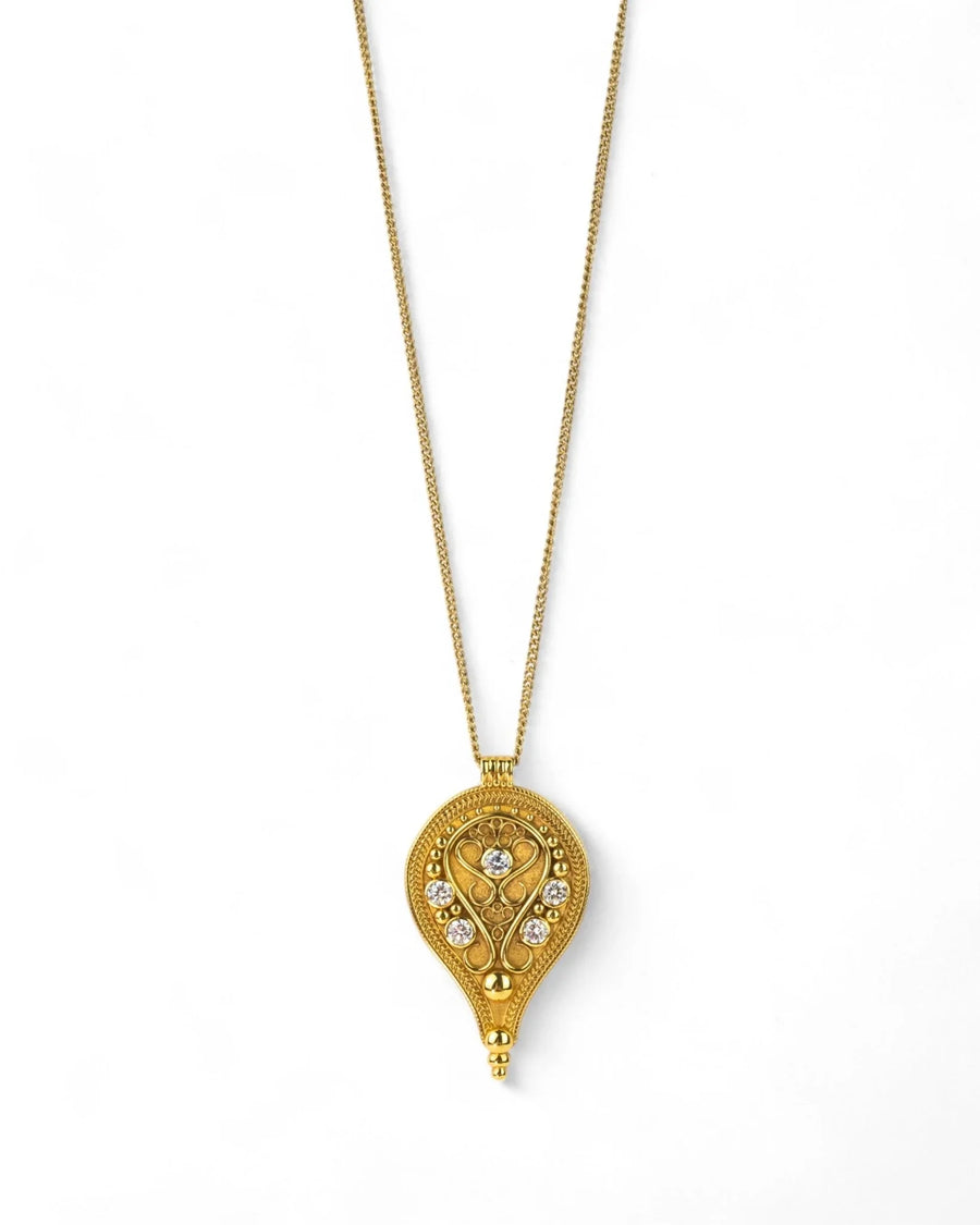 Filigree Pear Shaped Diamond Yellow Gold Pendant Pendant Pruden and Smith