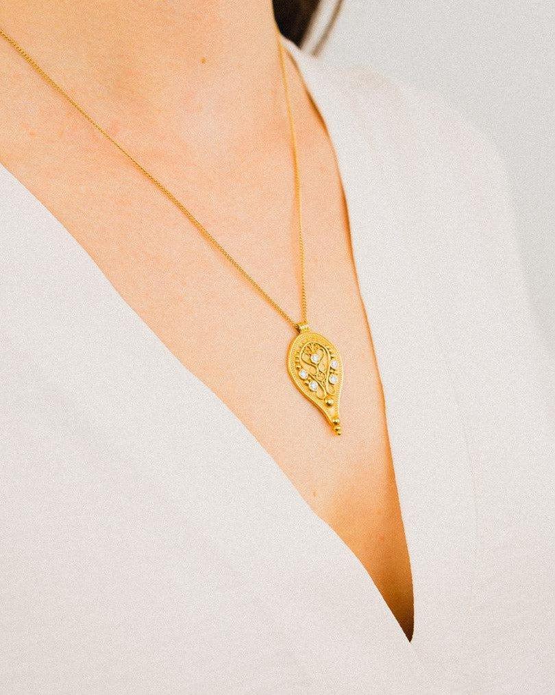 Filigree Pear Shaped Diamond Yellow Gold Pendant Pendant Pruden and Smith