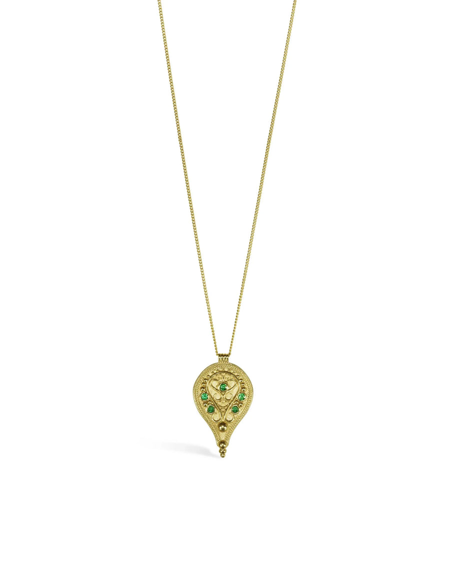 Gold filigree pendant necklace with green emerald gemstones, intricate handcrafted design