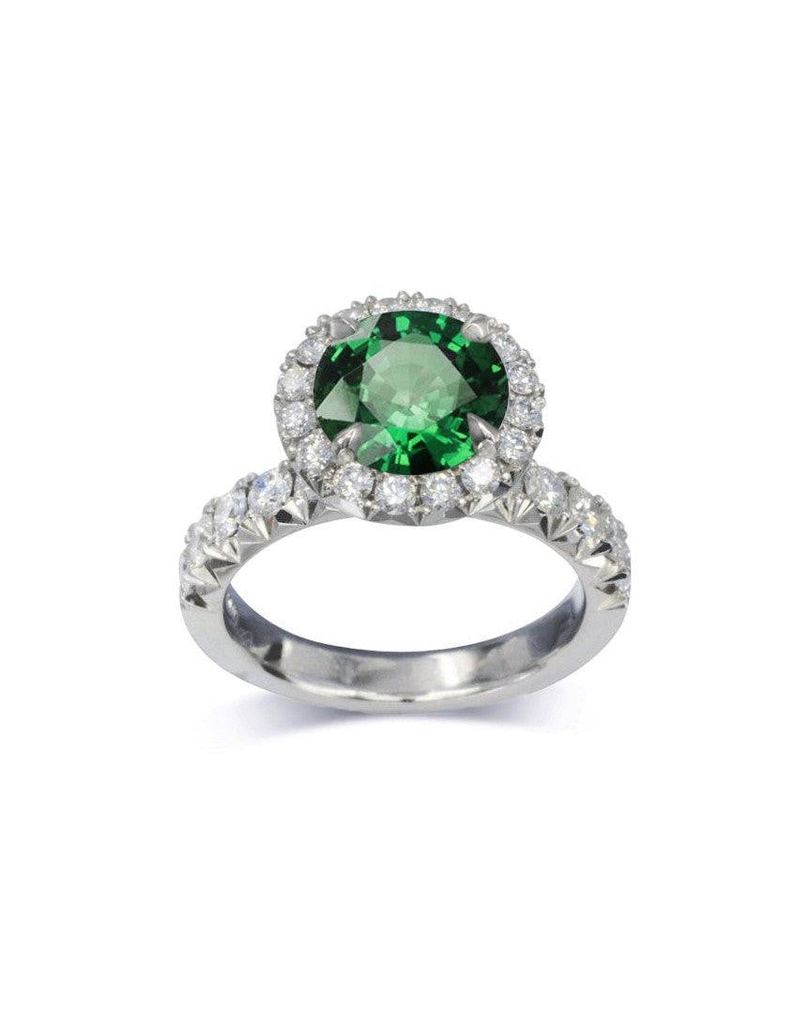 Fish Tail Setting Emerald Platinum Cluster Ring Ring Pruden and Smith