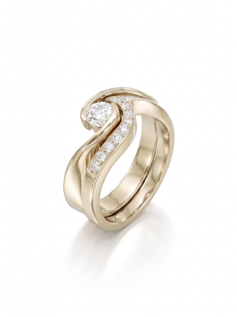 Yellow gold engagement and wedding ring set with a flat twist design and round diamond accents.
