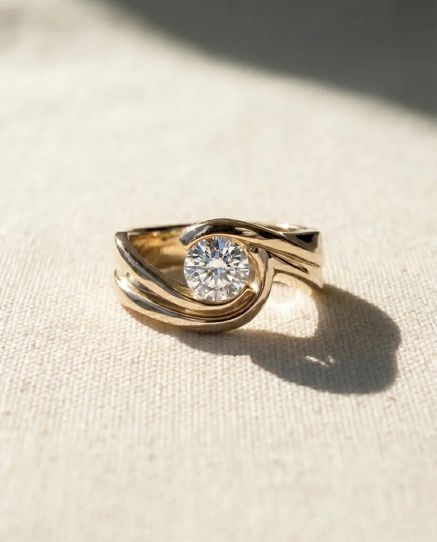 9ct yellow gold engagement ring with a round lab grown diamond set in a flat twist band design.