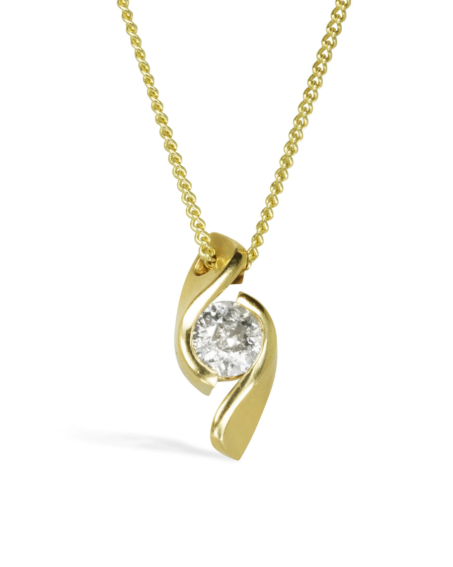 Gold twist pendant with a round diamond on a gold chain, handmade luxury jewellery