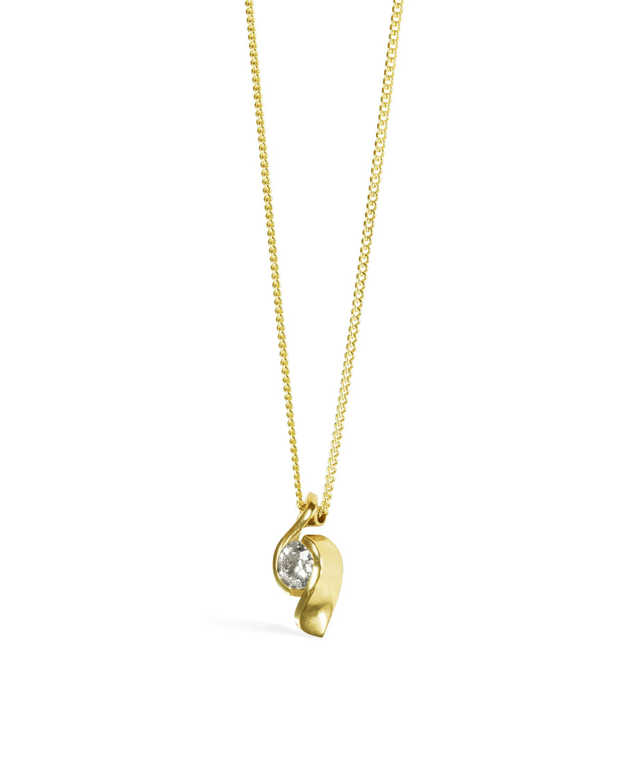 Gold twist pendant necklace with a round diamond on a white background