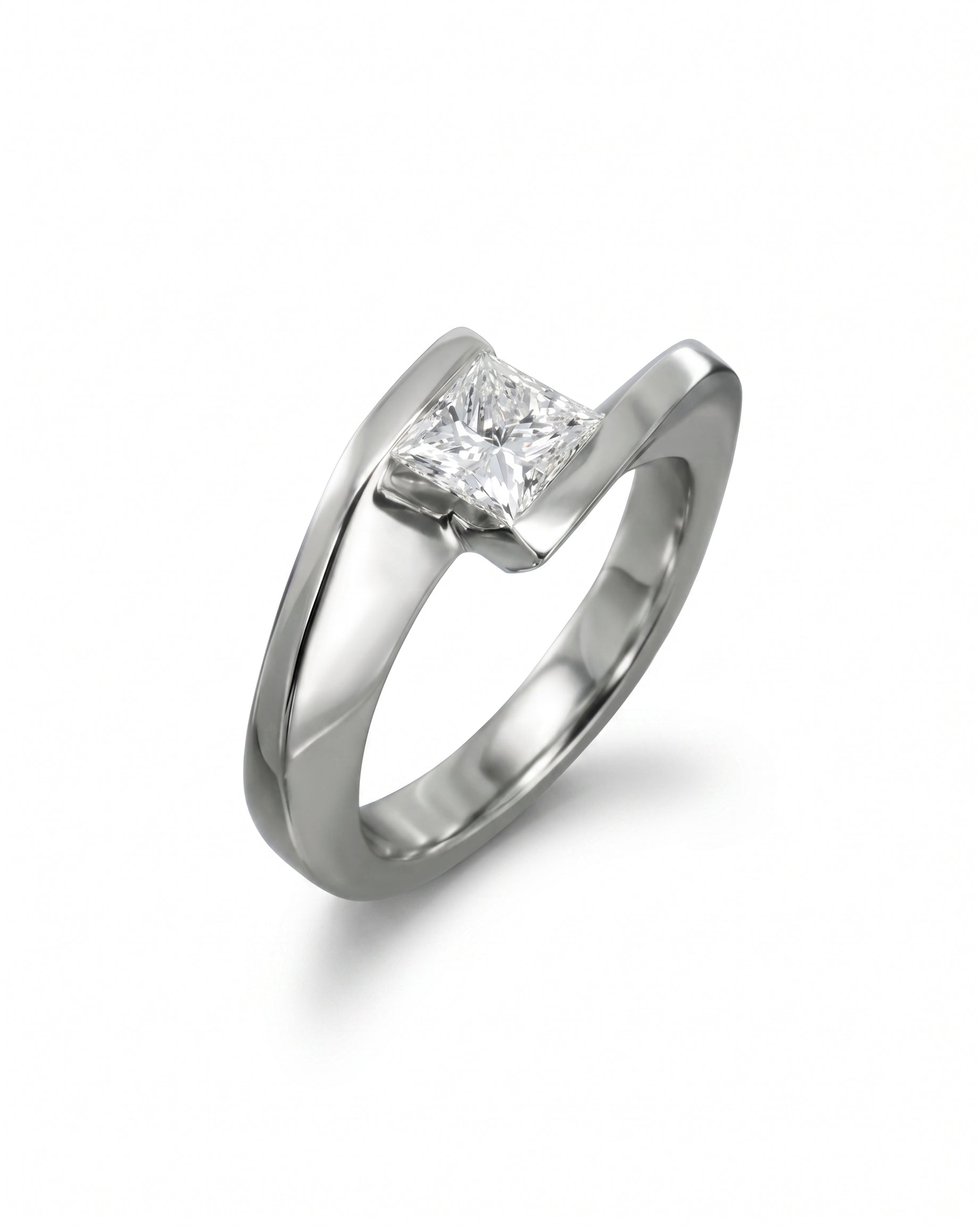 Platinum flat twist engagement ring with a princess cut diamond.