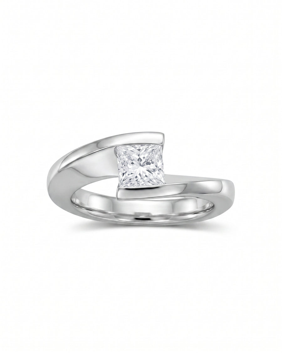 Platinum flat twist engagement ring with a princess cut diamond.