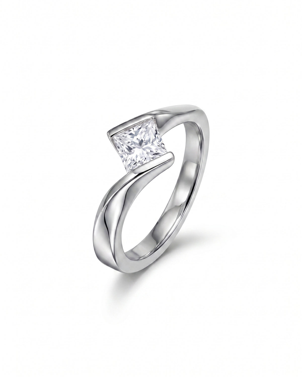Princess cut diamond engagement ring with a silver-toned flat twist band on a white background.