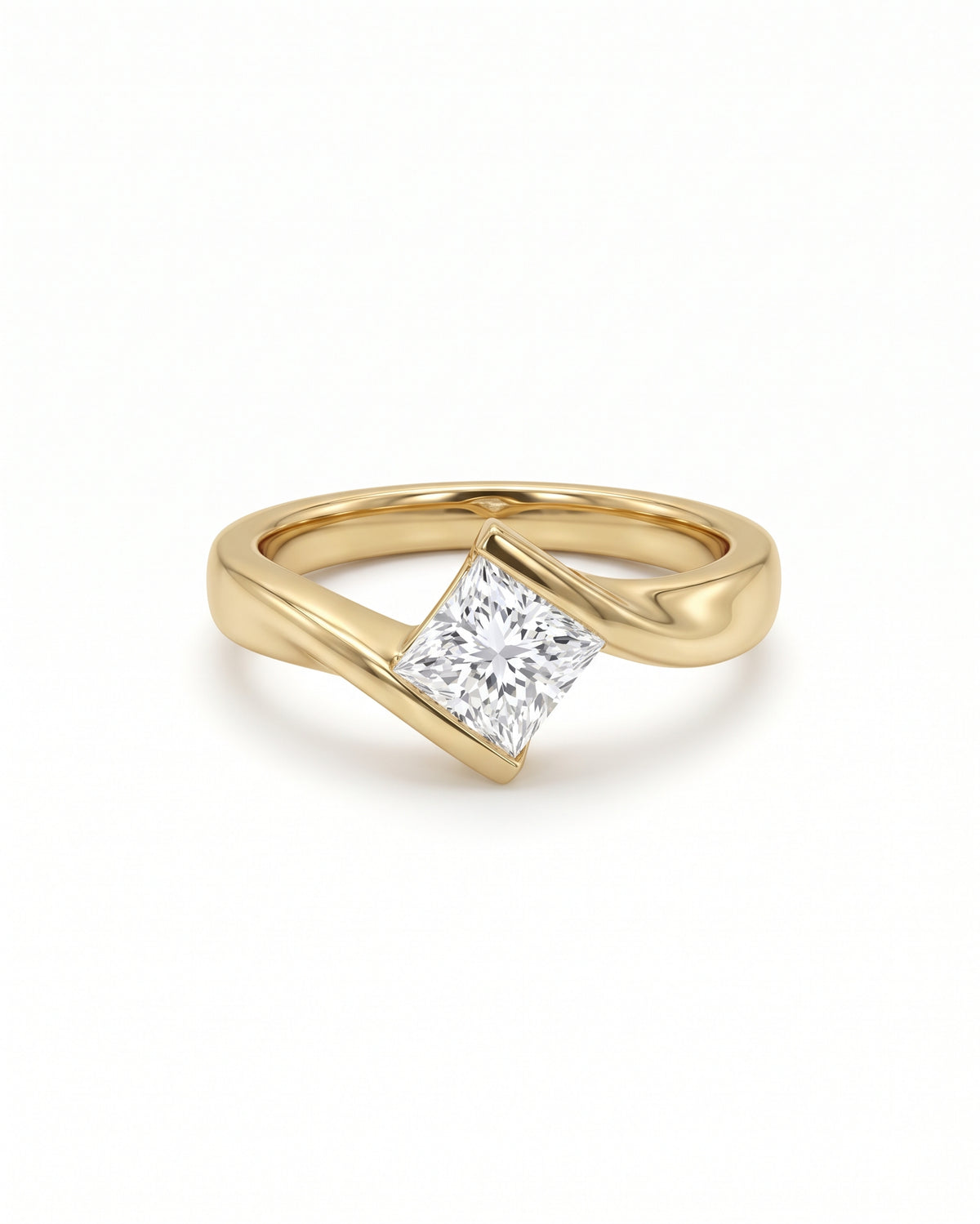 Princess cut diamond engagement ring with a flat twist yellow gold band on a white background.