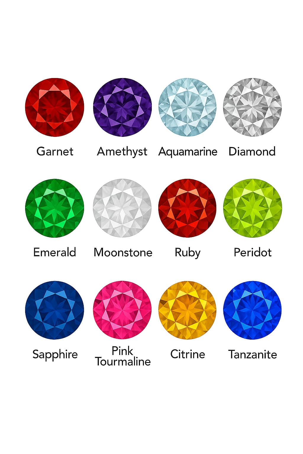 Twelve round, faceted birthstones in various colors arranged in a grid with their corresponding gemstone names.