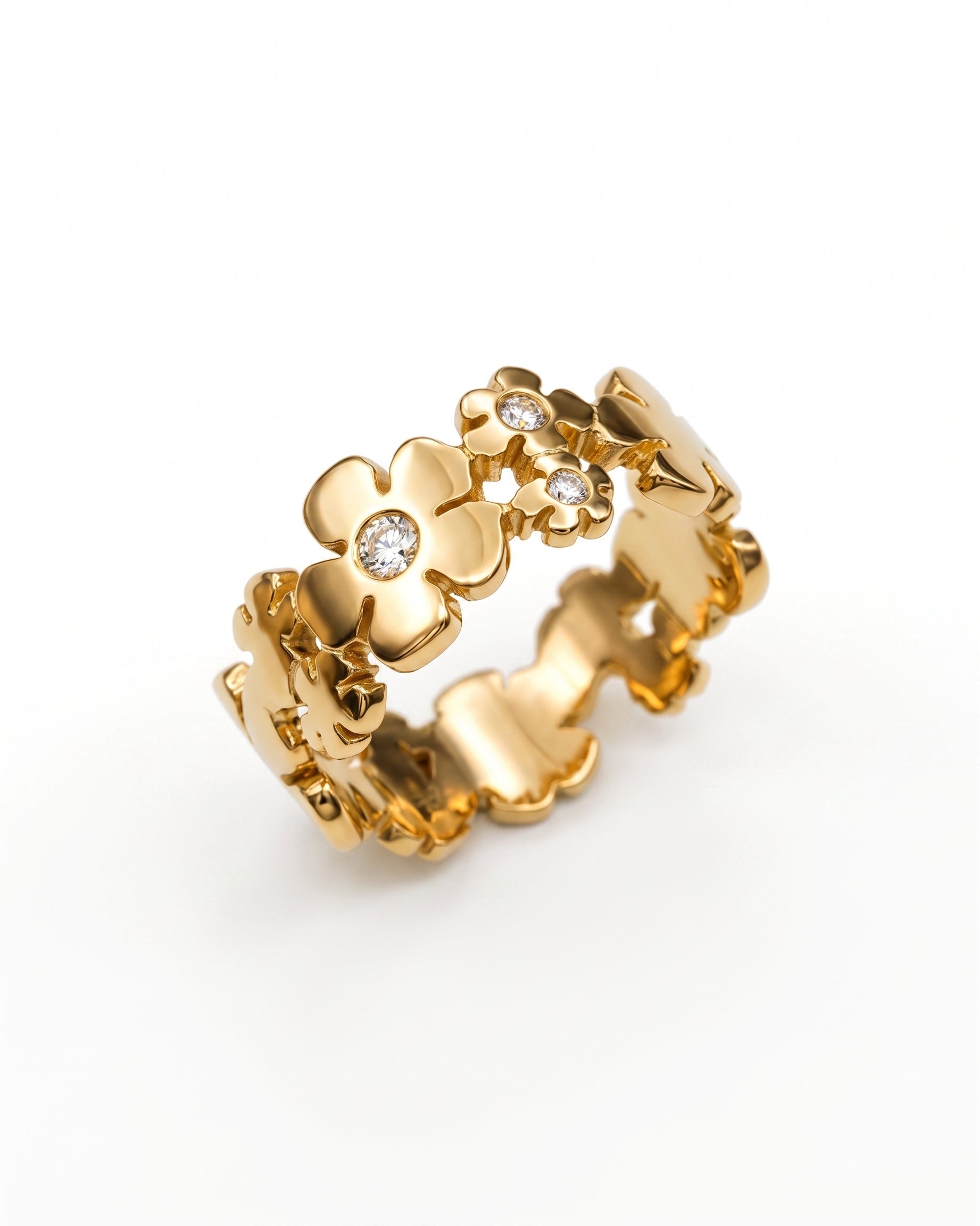 Gold flower eternity ring with round diamonds.