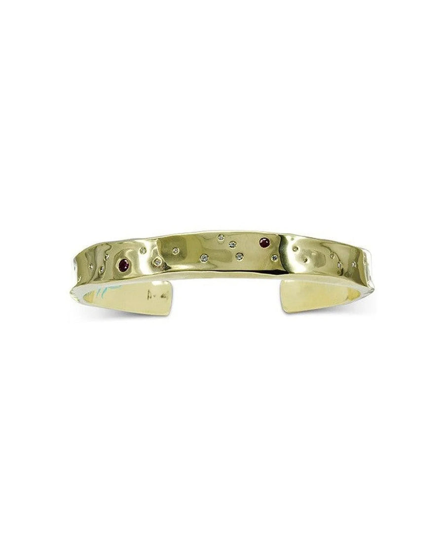 Hammered 9ct gold bangle with rubies and diamonds, organic texture, handmade UK jewellery