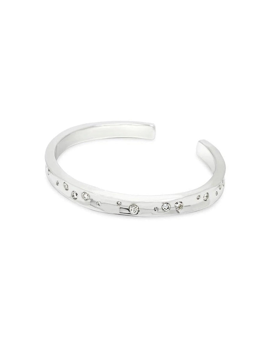 Handmade solid silver bangle with hammered texture and scattered diamond accents
