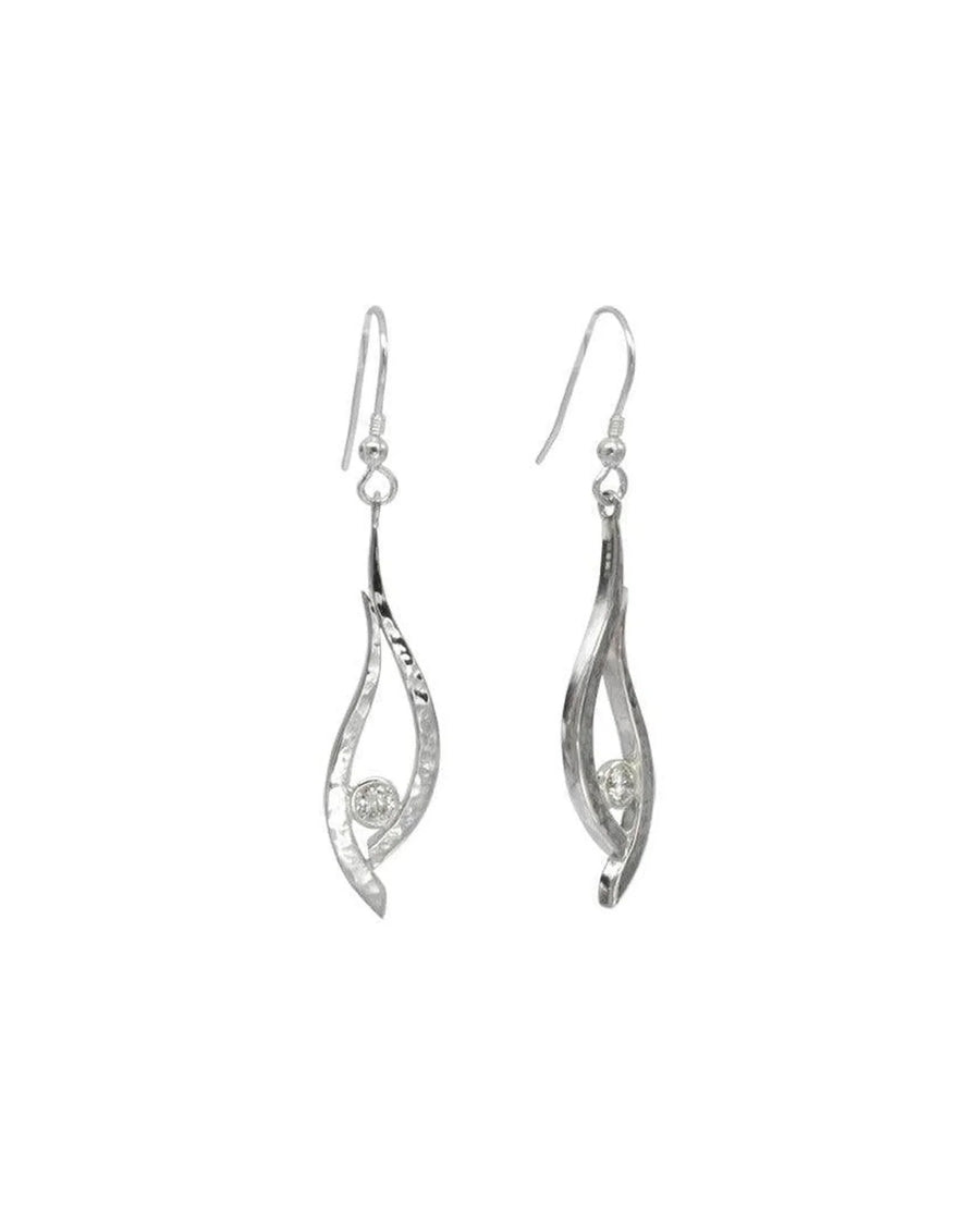 Handmade drop earrings with hammered gold, organic curves, and bezel-set diamonds