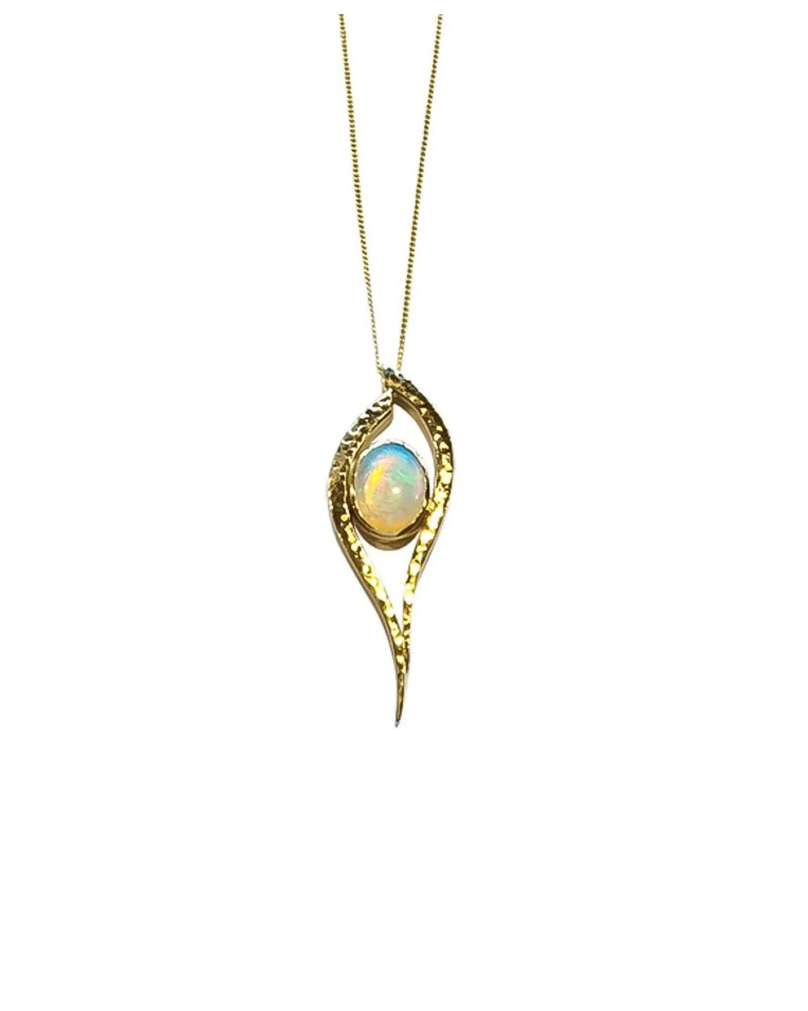 Handmade solid gold pendant with oval opal gemstone and organic, textured design