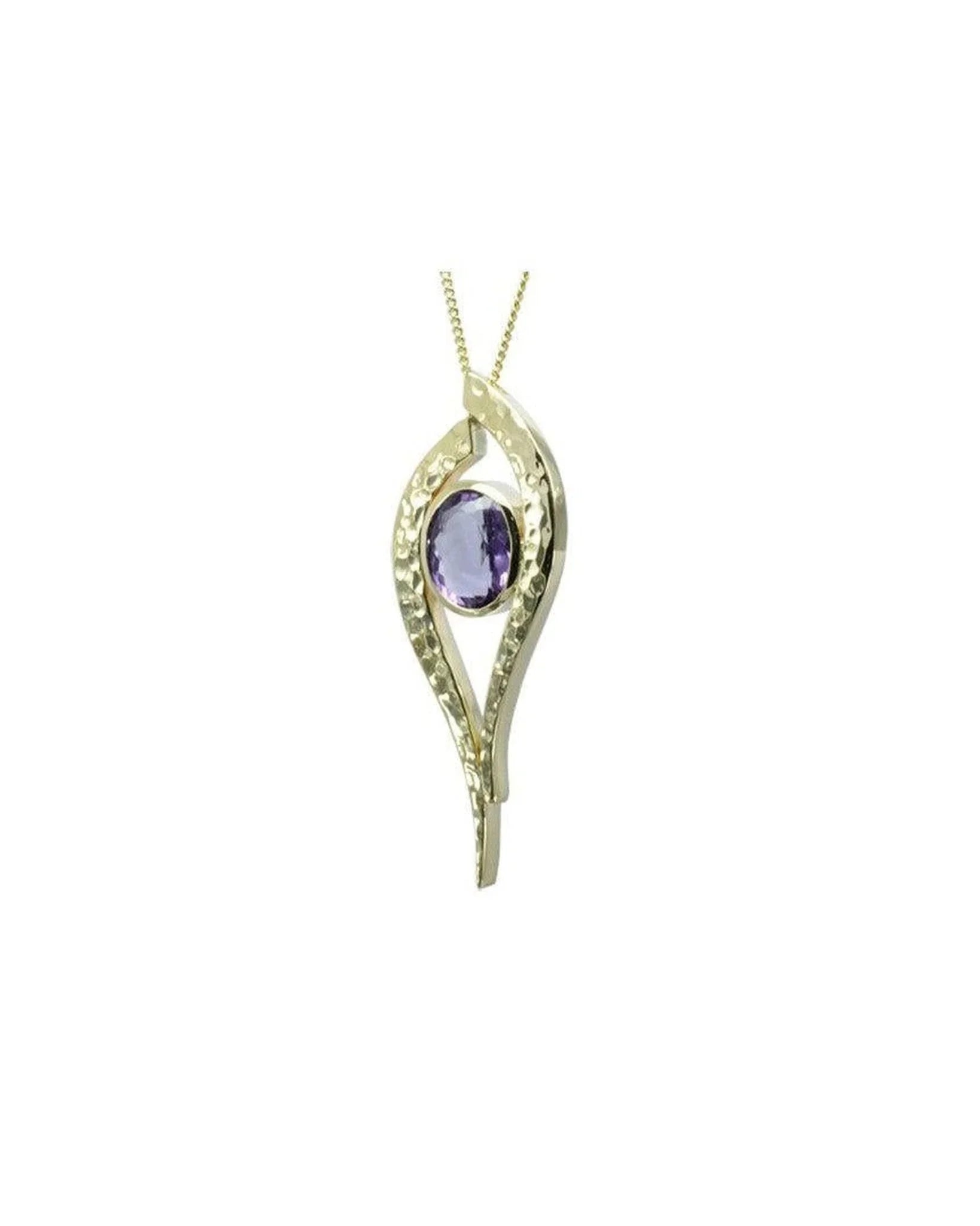 Handcrafted gold pendant with hammered texture, featuring an oval amethyst gemstone