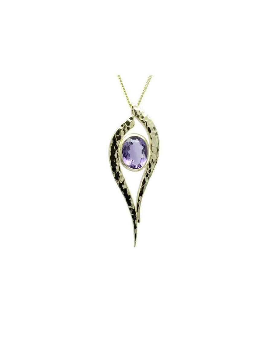 Handmade hammered gold pendant with a round amethyst gemstone on a gold chain