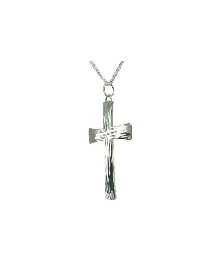 Forged solid silver cross pendant with a textured finish on a silver chain.