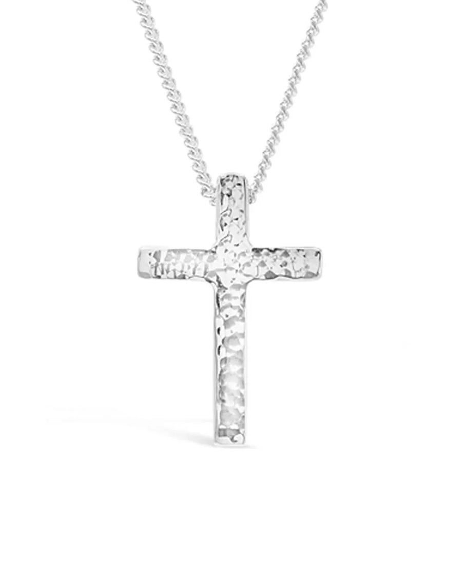 Forged solid silver cross pendant with a hammered texture on a silver chain.