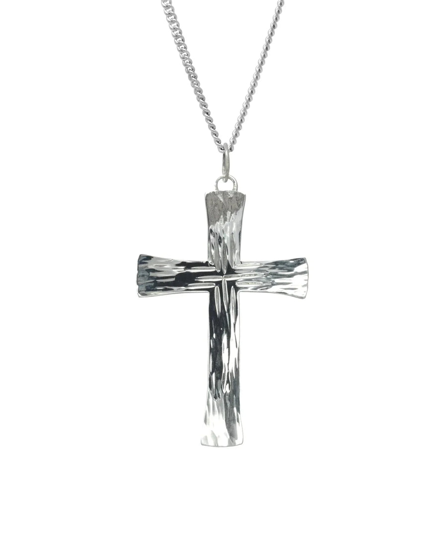 Forged solid silver cross pendant with flared sides on a silver chain.