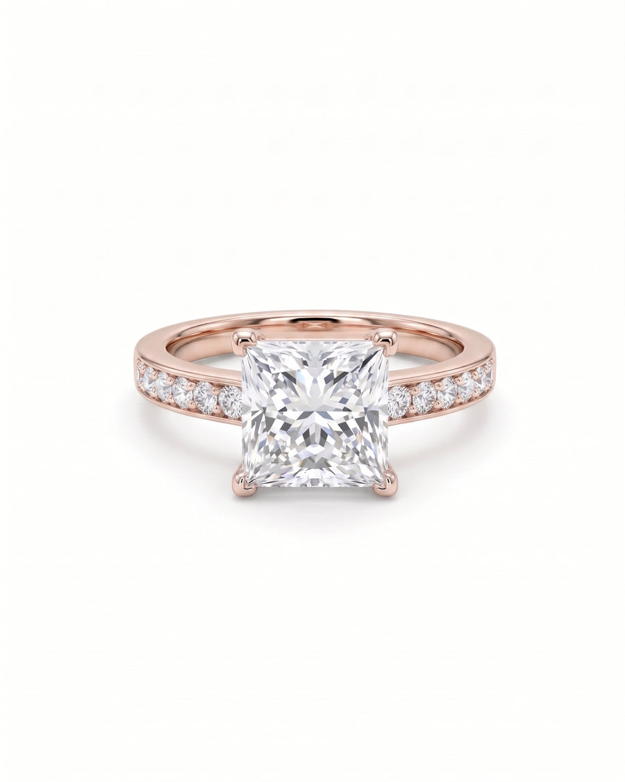 Four Claw Pavé Set Princess Cut Diamond Engagement Ring