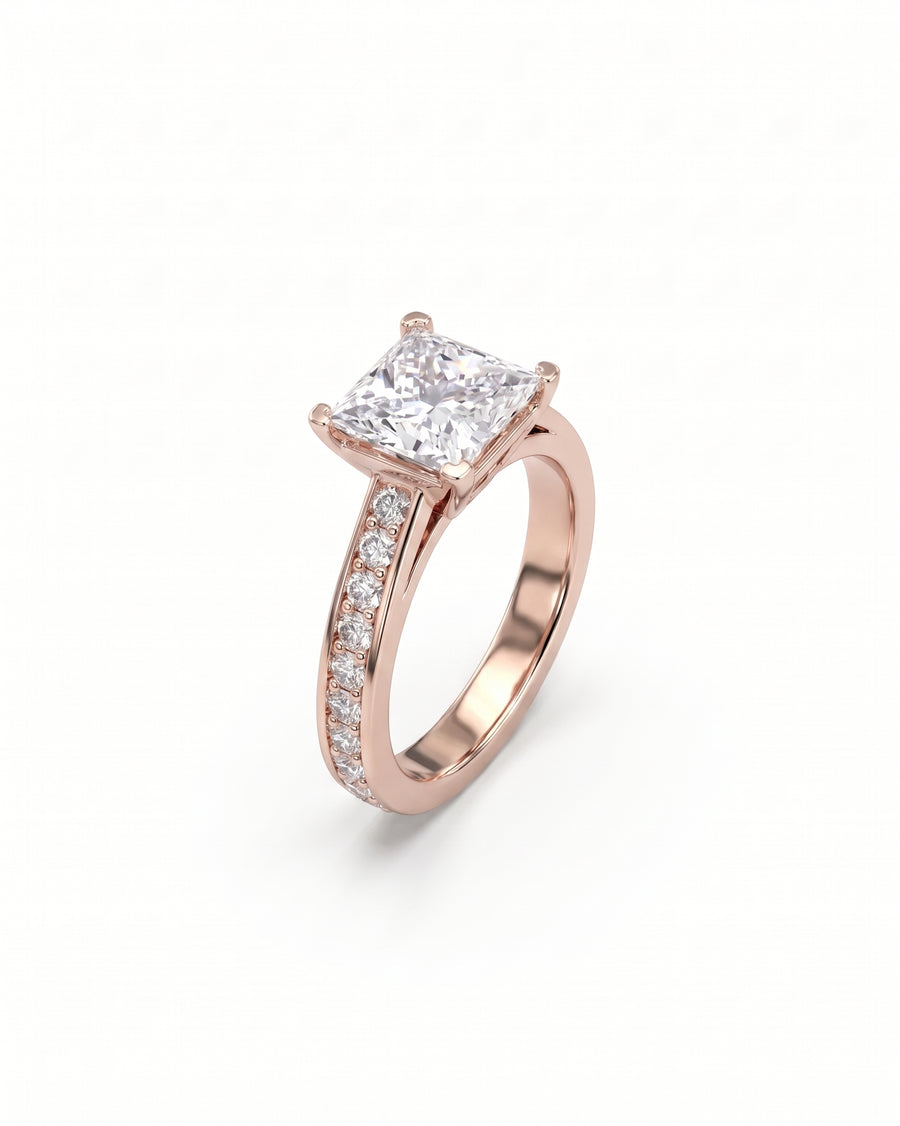 Four Claw Pavé Set Princess Cut Diamond Engagement Ring