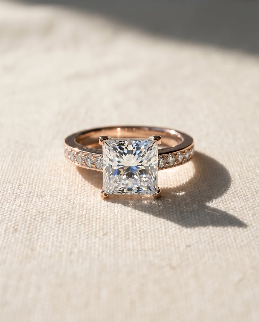 Four Claw Pavé Set Princess Cut Diamond Engagement Ring
