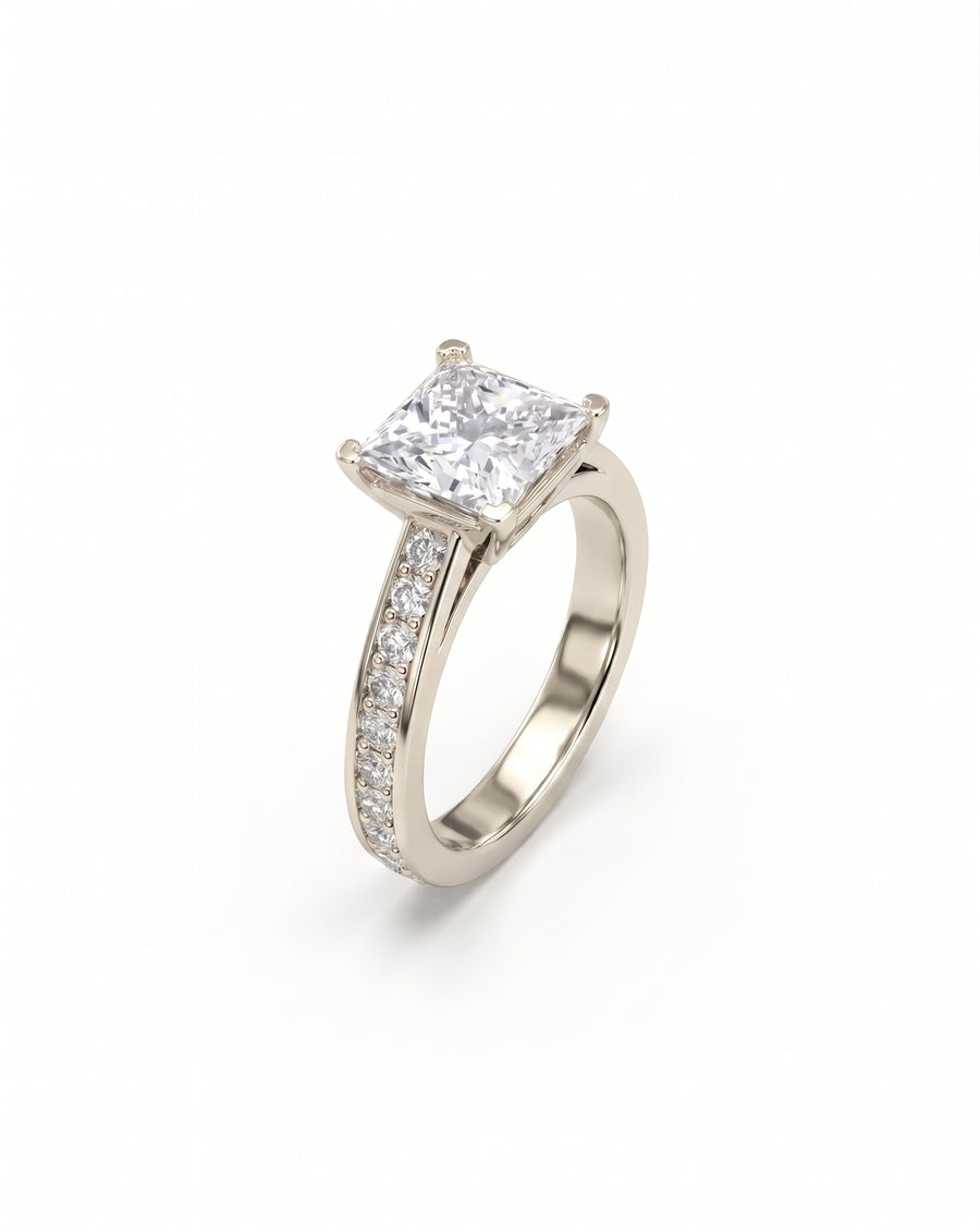 Four Claw Pavé Set Princess Cut Diamond Engagement Ring