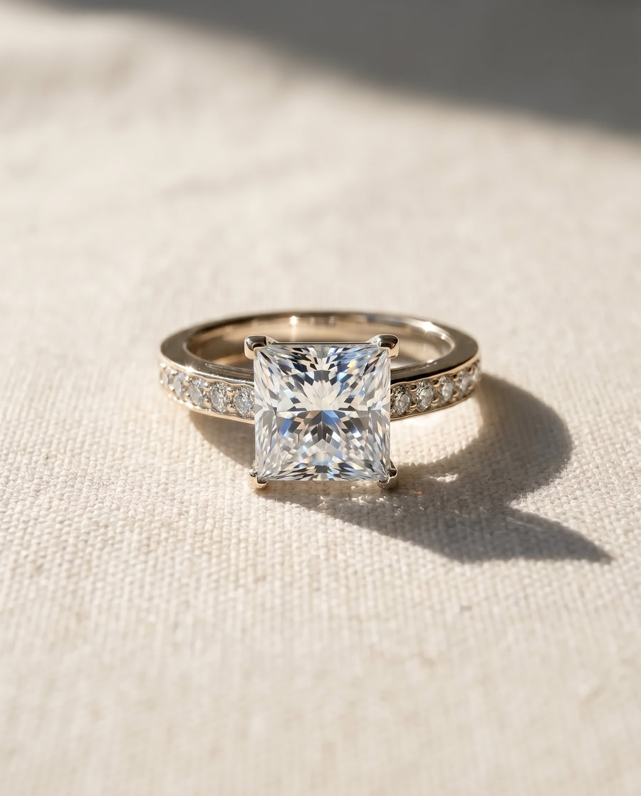 Four Claw Pavé Set Princess Cut Diamond Engagement Ring
