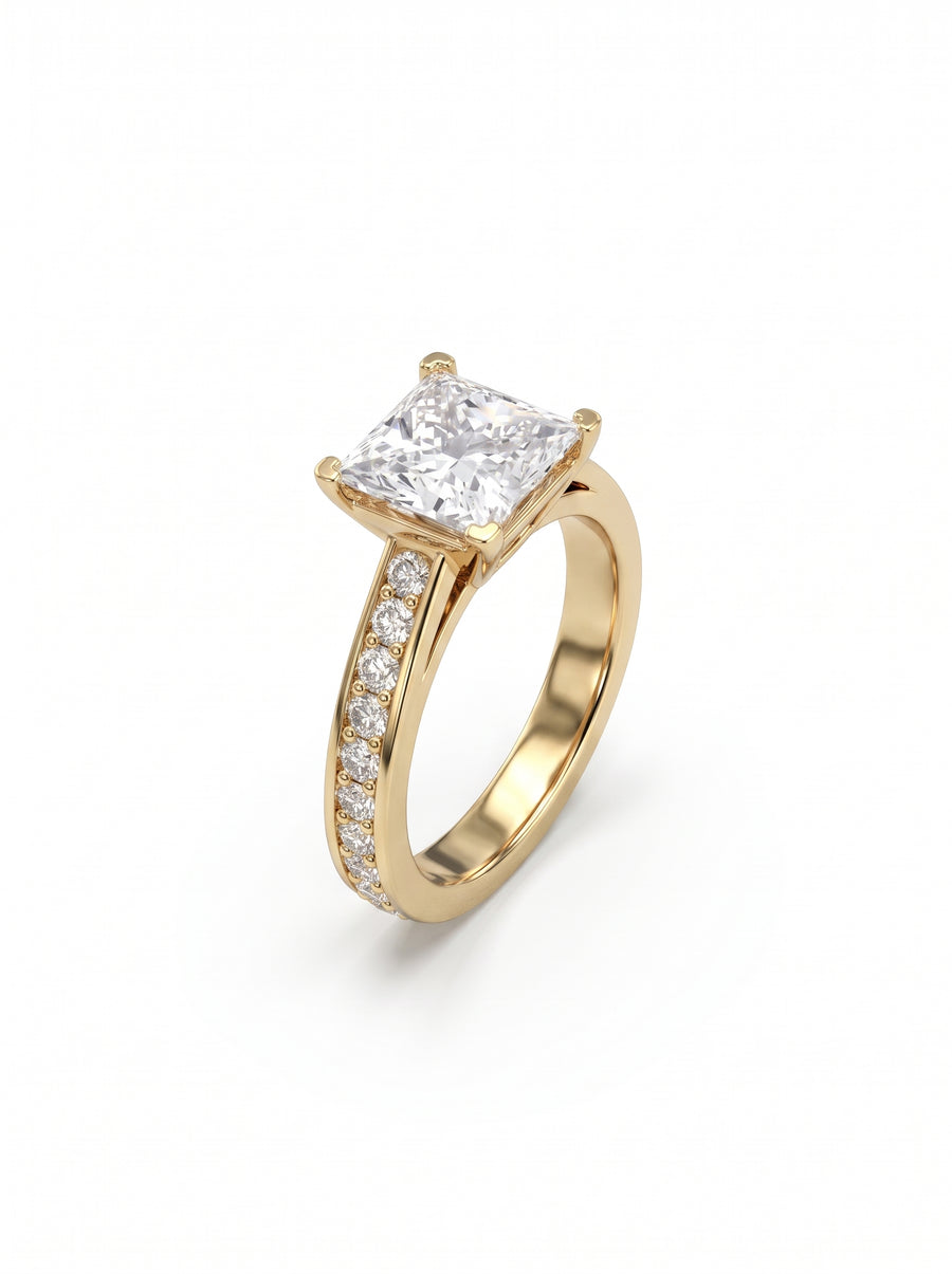 Four Claw Pavé Set Princess Cut Diamond Engagement Ring
