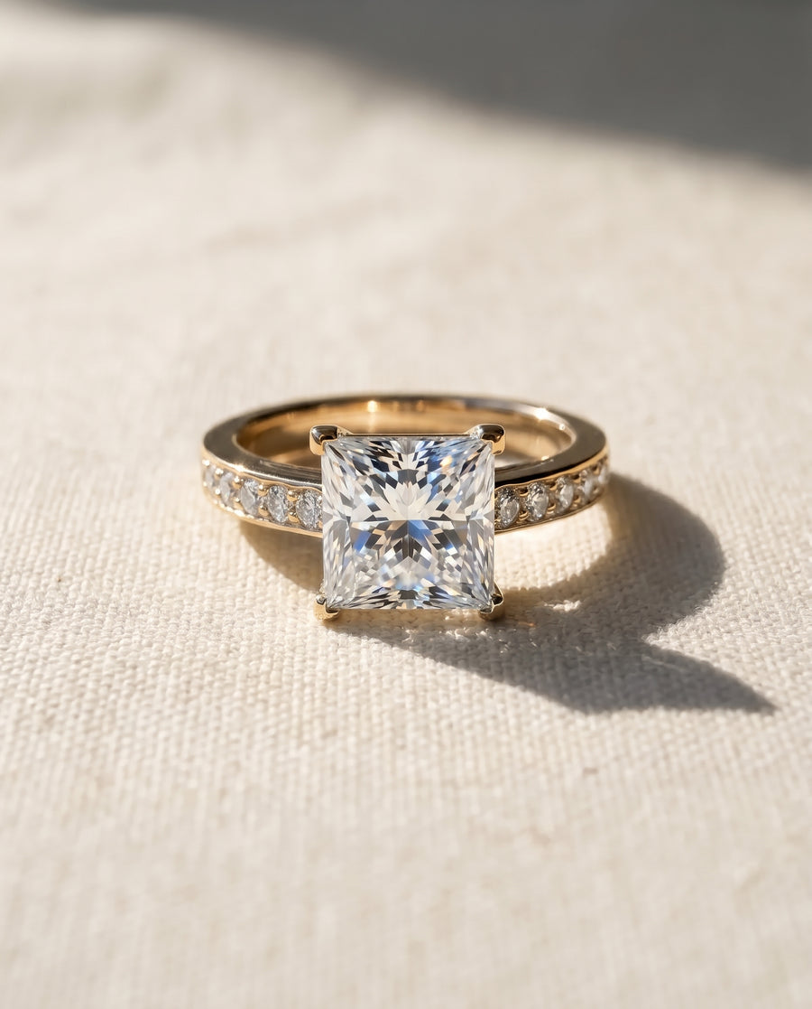 Four Claw Pavé Set Princess Cut Diamond Engagement Ring