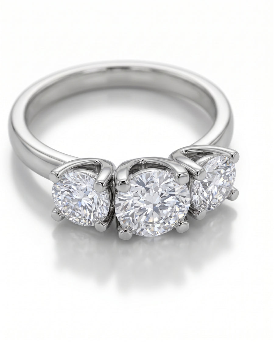 Three-stone platinum ring featuring three round brilliant-cut diamonds in four-claw settings.