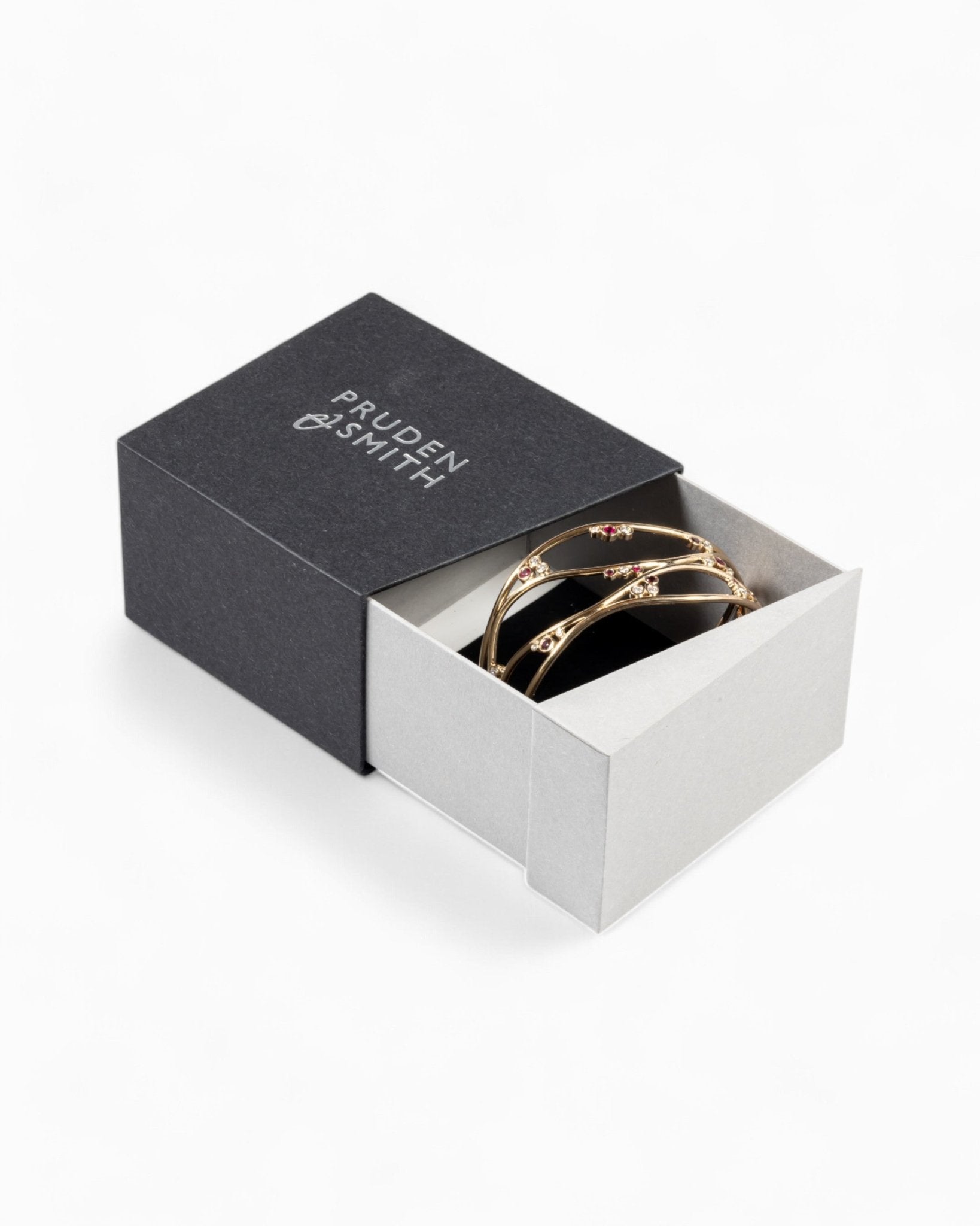 Boxed Four Strand Ruby Diamond Solid 9ct Gold Cuff Bangle Pruden and Smith