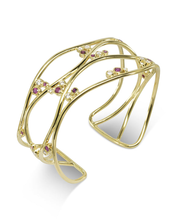 Unusual Four Strand Ruby Diamond Solid 9ct Gold Cuff Bangle Pruden and Smith