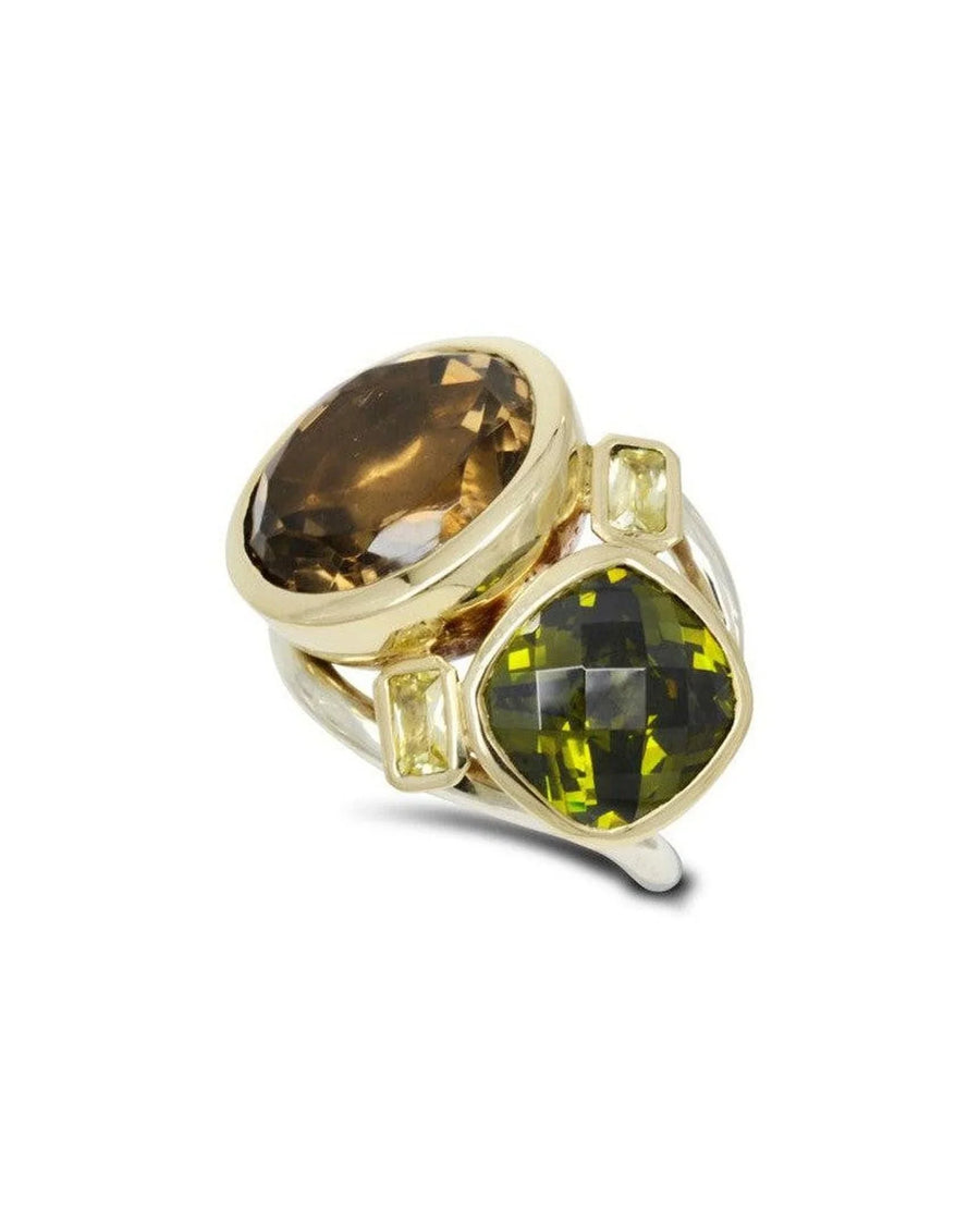 9ct white gold cocktail stacking ring set with large garnet, green and yellow gemstones
