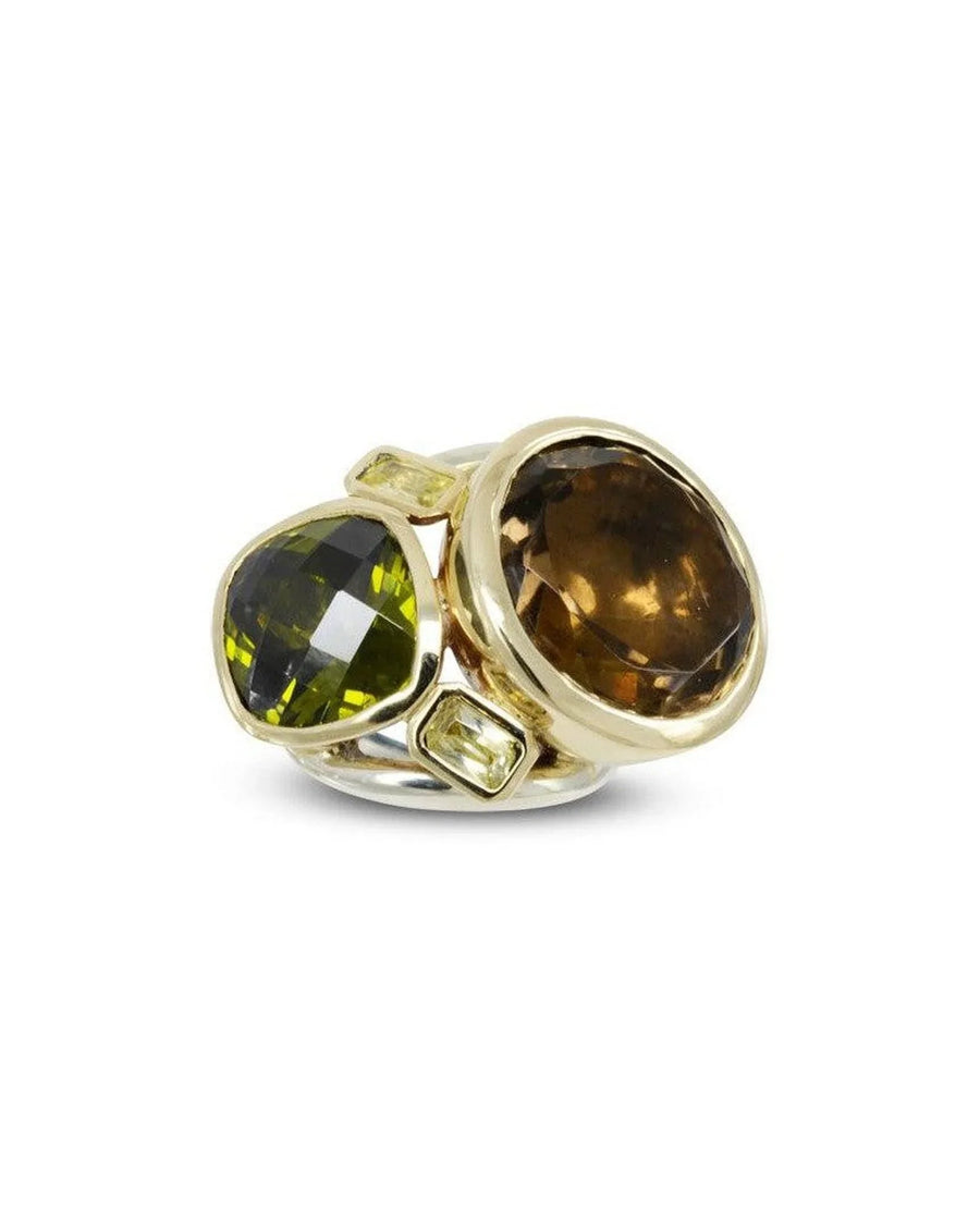 White gold stacking ring set with green and brown gemstones in organic shapes