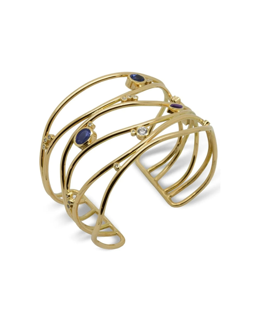 Six-strand 9ct yellow gold cuff bangle with blue sapphires and diamonds, handmade