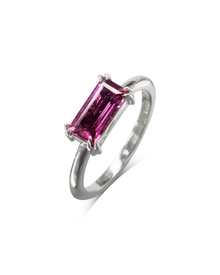 9ct yellow gold ring with a rectangular pink tourmaline gemstone.