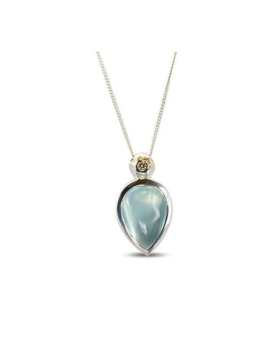 Teardrop aquamarine and diamond pendant necklace on a delicate gold chain