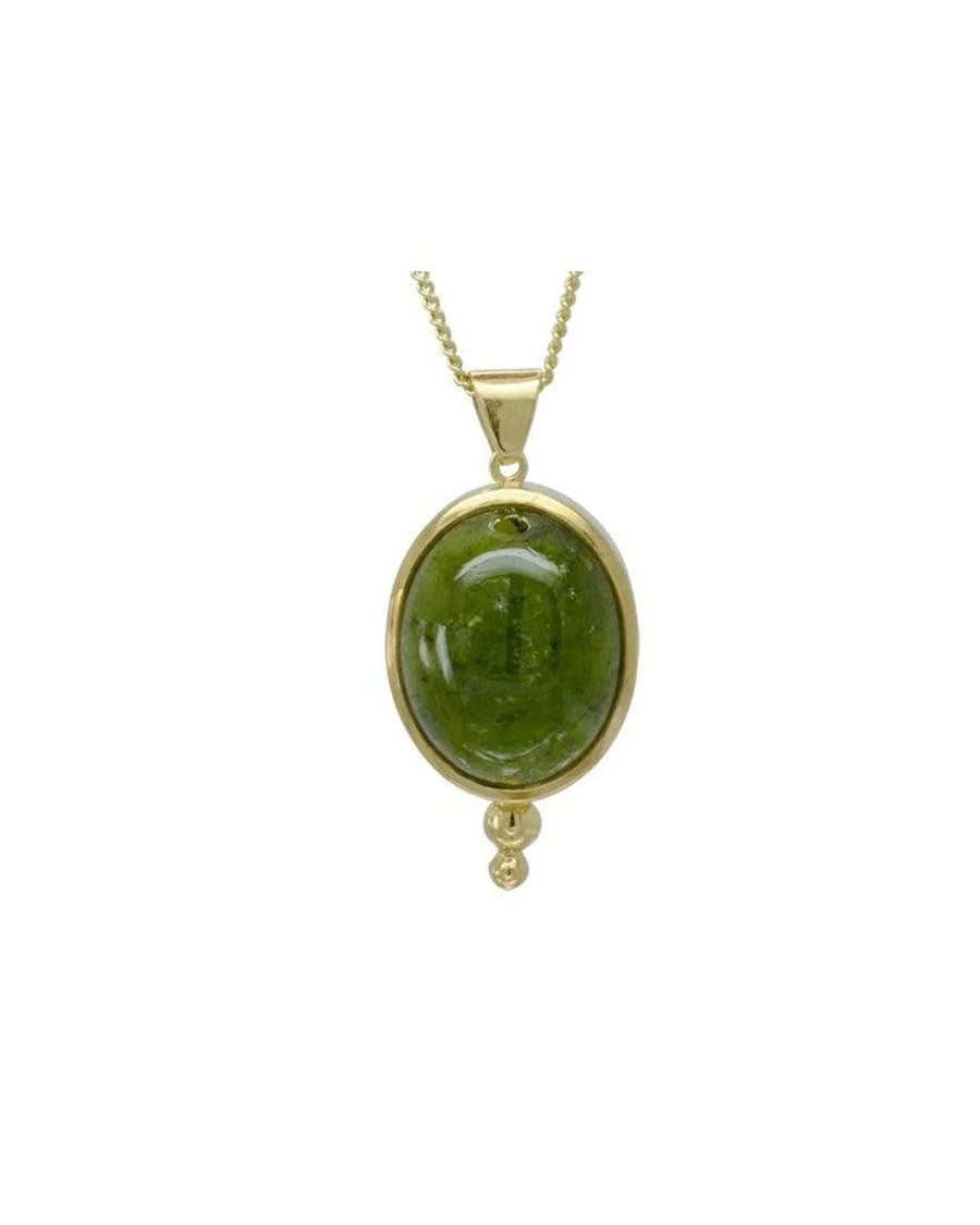 Oval green tourmaline pendant set in yellow gold on a delicate gold chain