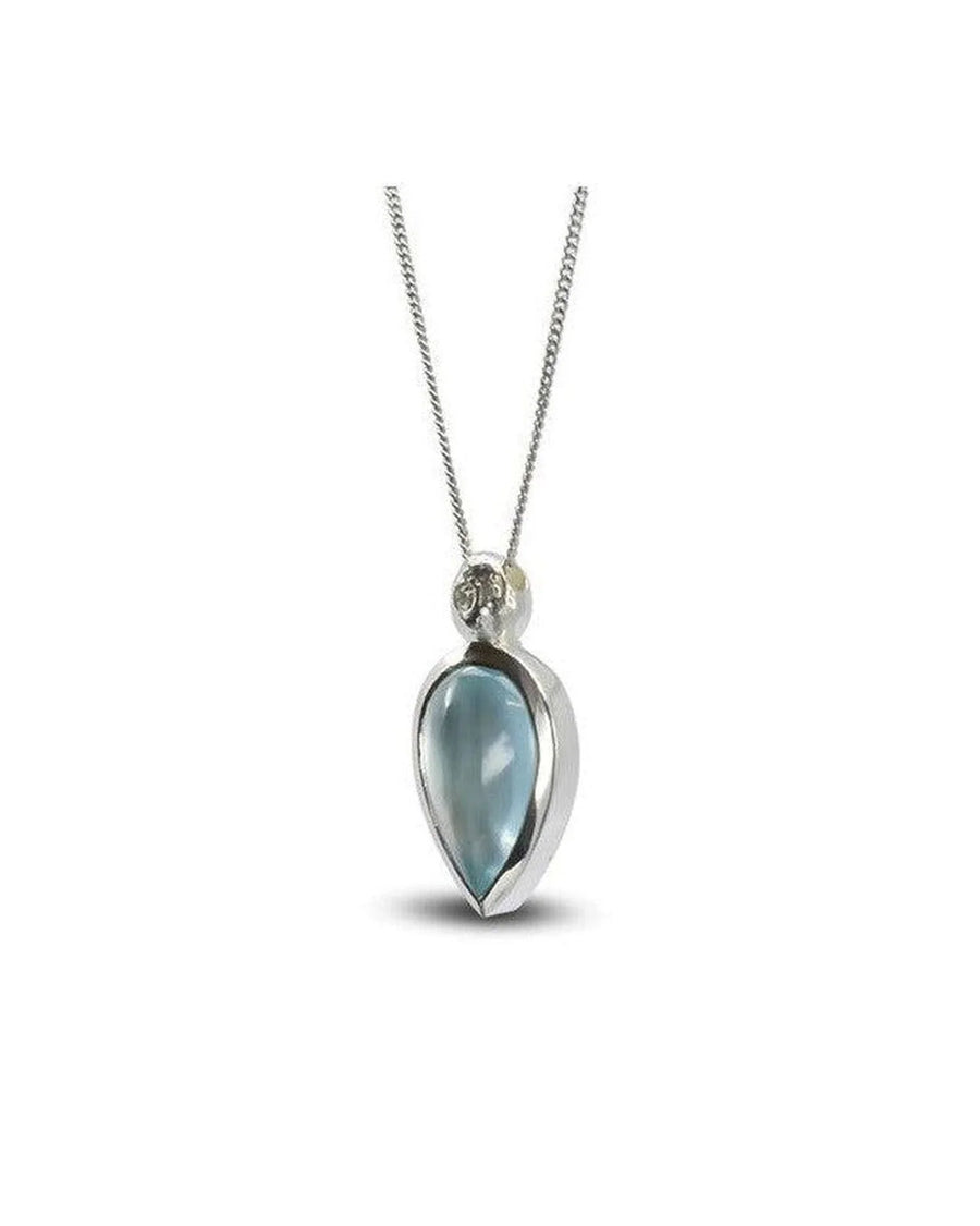 Aquamarine and diamond pendant necklace in silver with pear-shaped blue gemstone