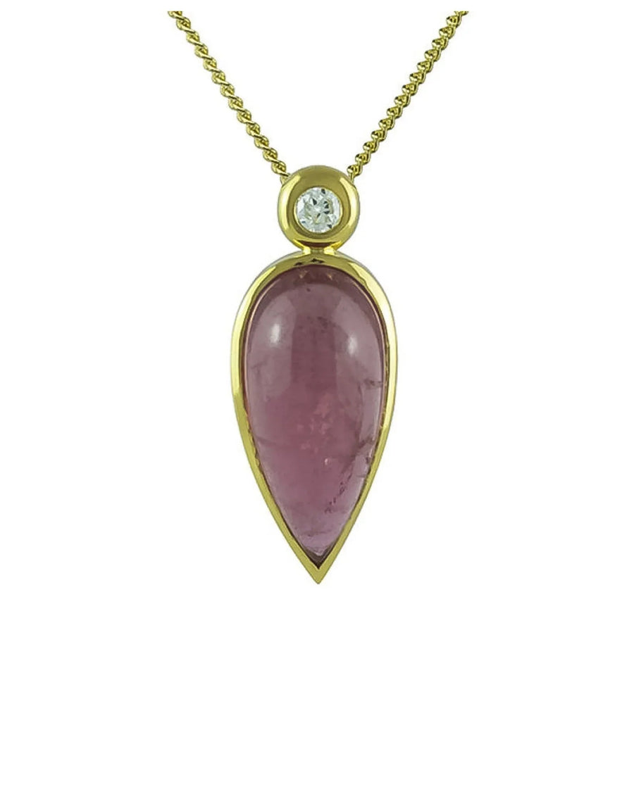 Gold pendant necklace with pear-shaped pink tourmaline and round diamond accent