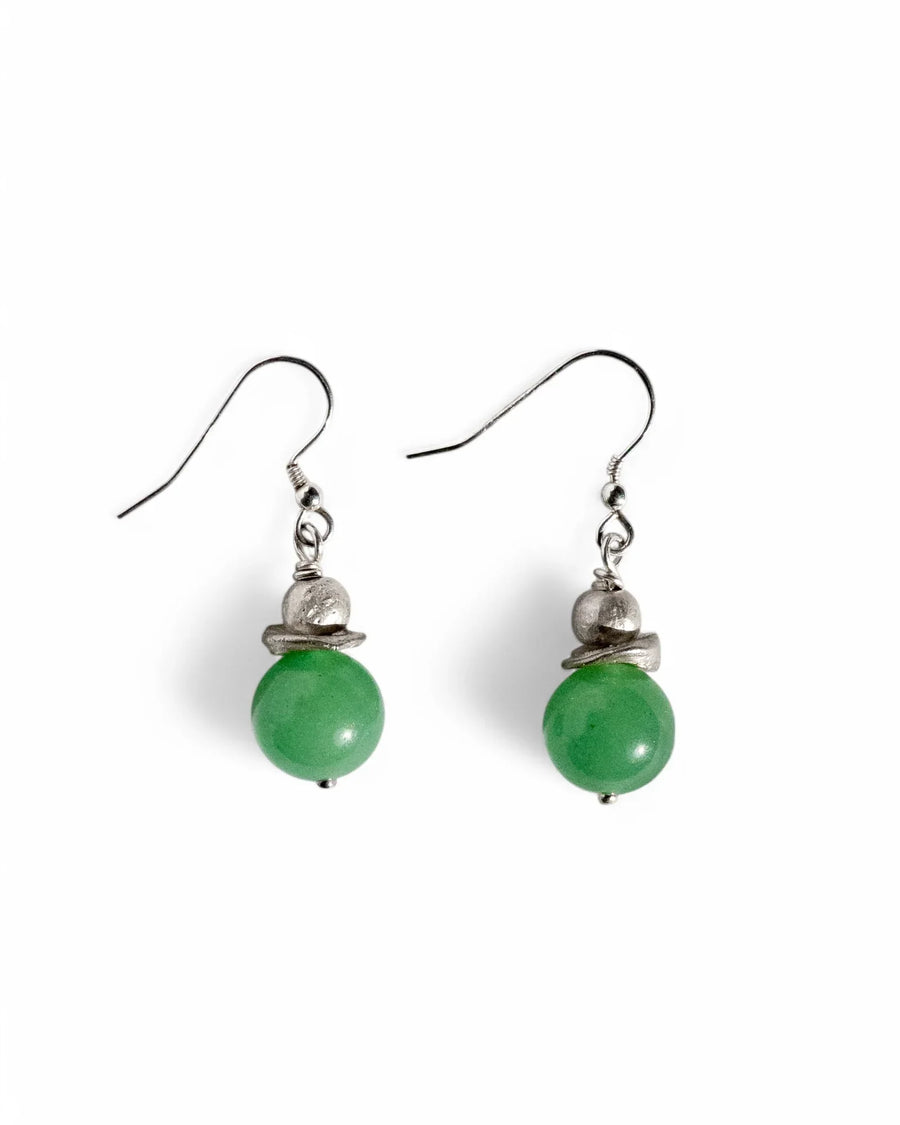 Silver hook earrings with round olivine green gemstone beads.