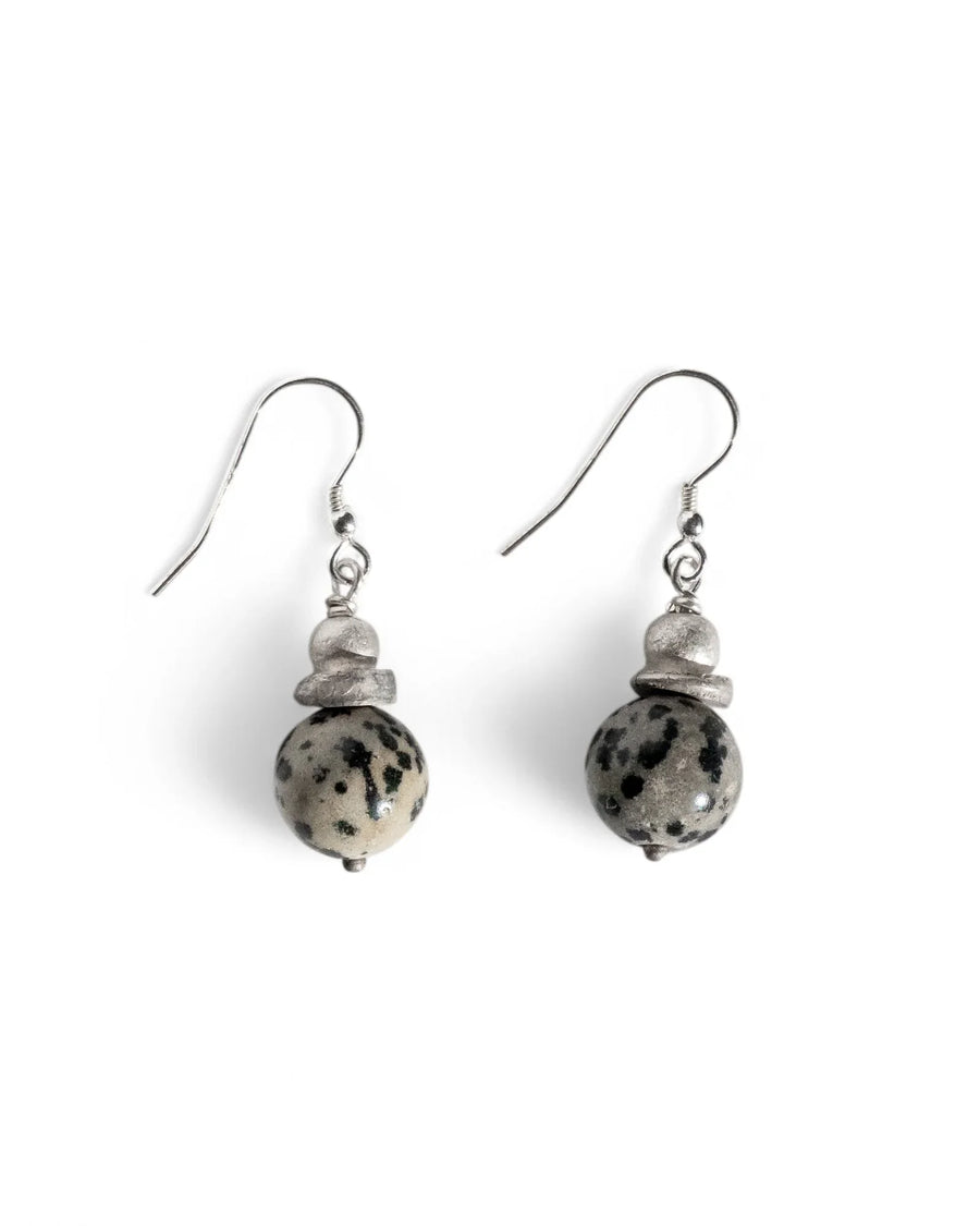 Silver drop earrings with round Picasso Jasper beads.