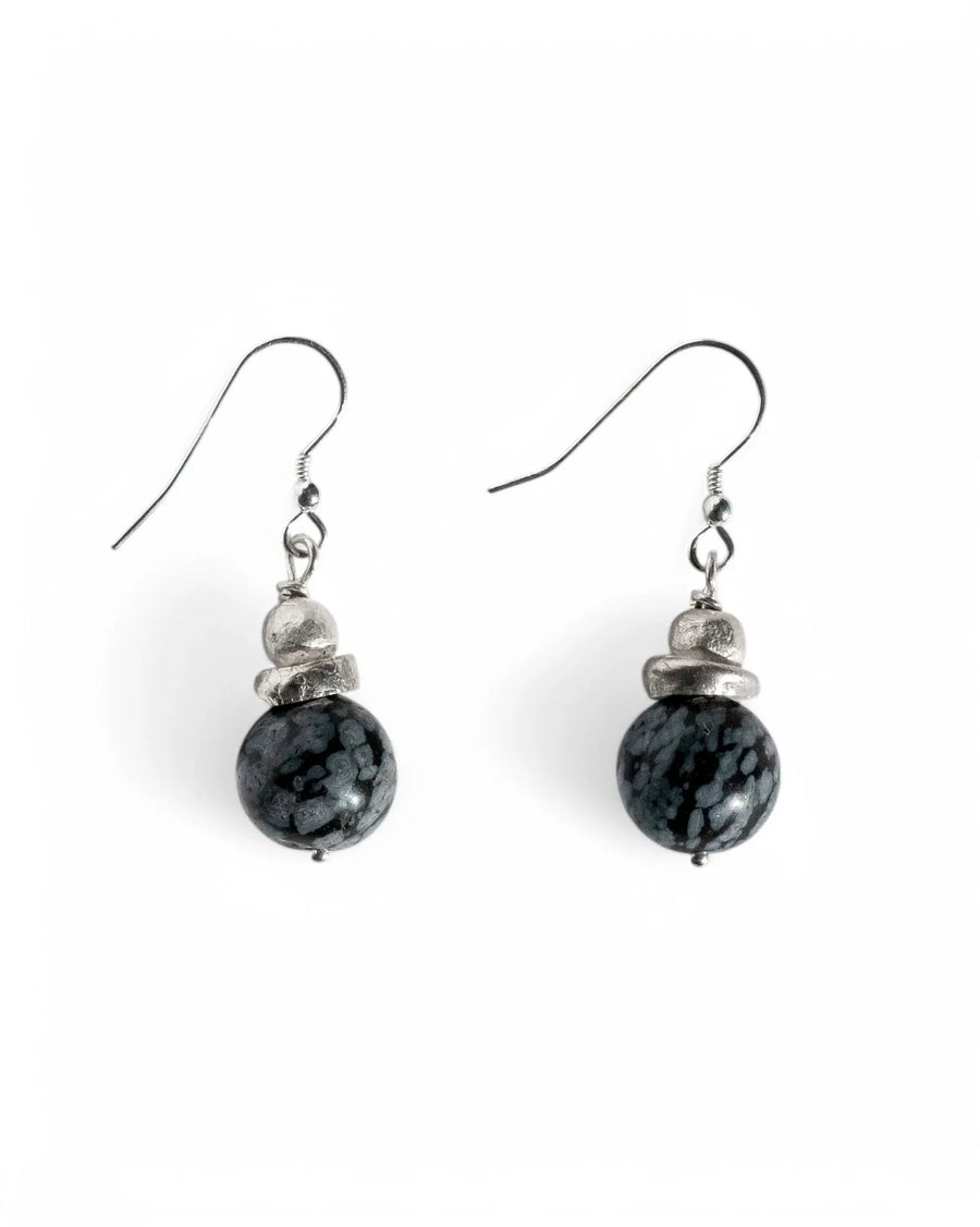 Silver hook earrings with round grey striped jasper beads.
