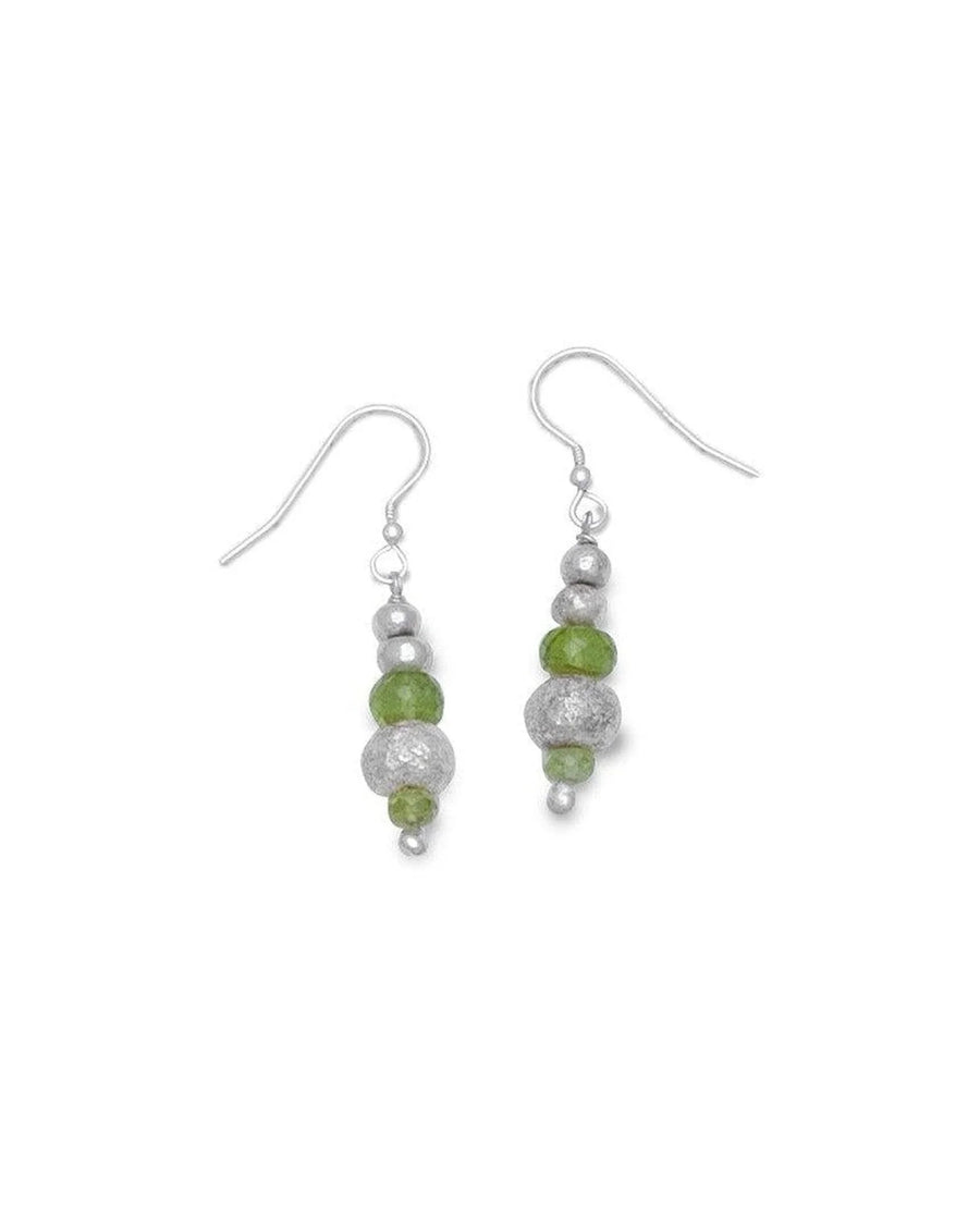 Silver drop earrings featuring textured silver nuggets and faceted green labradorite beads on wire hooks.