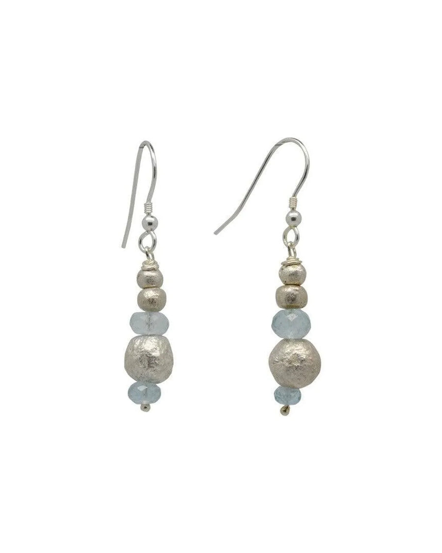 Silver drop earrings featuring textured silver nuggets and pale blue topaz beads on hook wires.