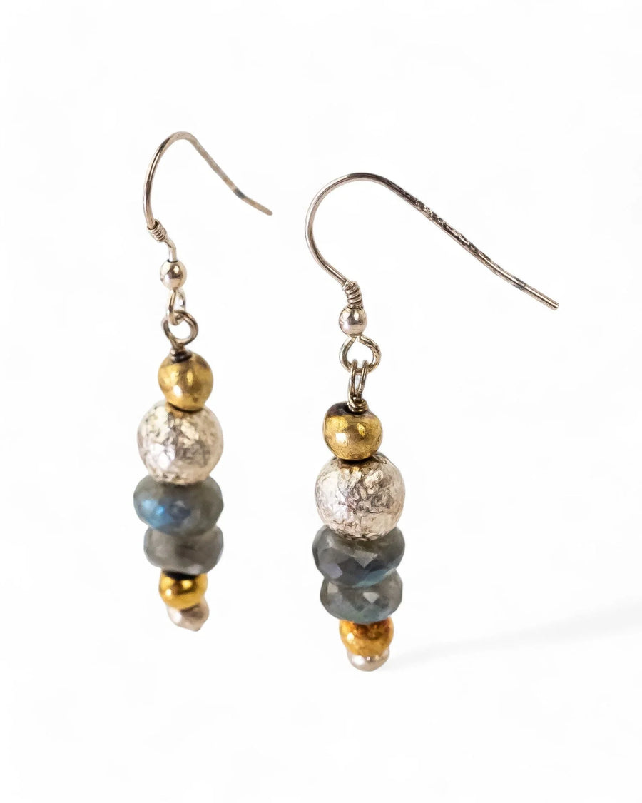 Drop earrings featuring labradorite beads, textured silver nuggets, and yellow gold vermeil accents on silver hooks.